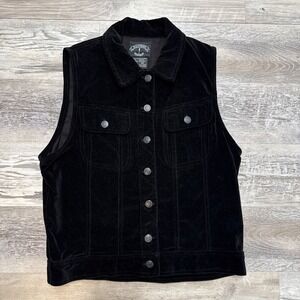 Vtg 90s Y2K Solution Women's  Velvet Velour Button  Black Vest Shirt Small